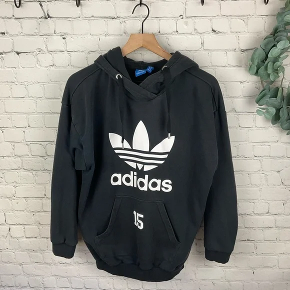 Adidas Originals Trefoil Logo Black Hooded Sweatshirt Size Medium - Picture 2 of 7